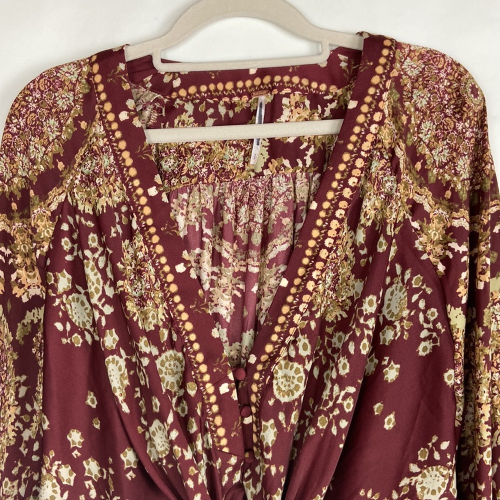 Free People Run Free Silky Long Sleeve Front Tie Deep V Lightweight Boho Blouse - Picture 5 of 16
